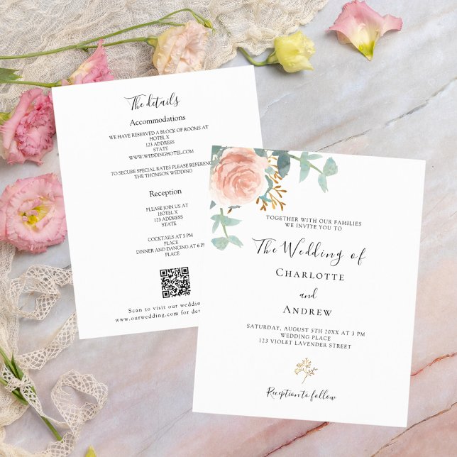 Convite de casamento RSVP detalhe QR rosa floral (Criador carregado)