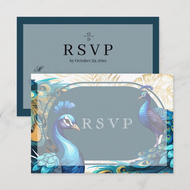 Convite de Casamento RSVP Premium Pavão Penas Casa (Frente/Verso)