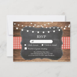 Convite de Casamento RSVP Vermelho Xadrez Madeira 