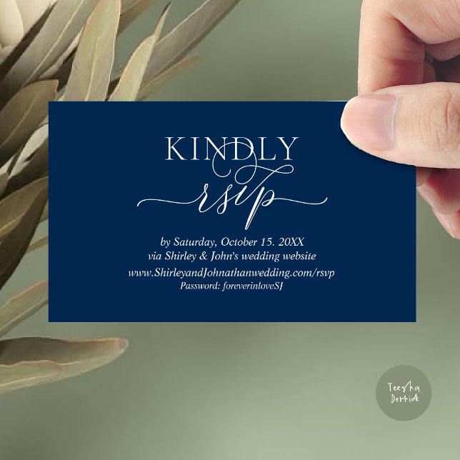 Convite de Casamento RSVP, via Senha do Site (Modern RSVP Wedding Invitation, via Website Enclosure Card, Phone, email, Navy Blue)
