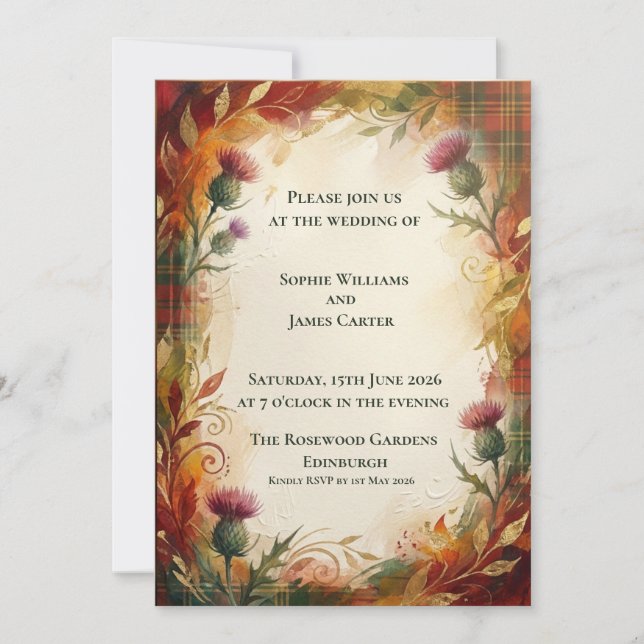 Convite de Casamento Russet Tartan Thistle (Frente)