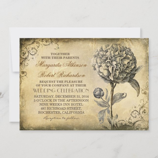 convite de casamento russo vintage com peony blom (Frente)