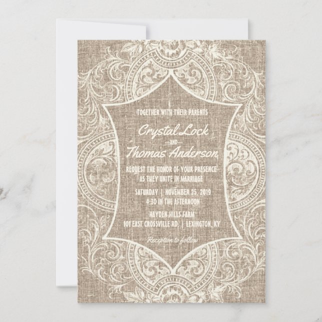 Convite de casamento Rustic Burlap Vintage French  (Frente)
