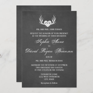 Convite de casamento Rustic Deer Antlers & Heart C