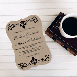 Convite de Casamento Rustic Kraft Black Flourish