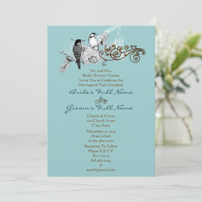 Convite De Casamento Rustic Lovebird (Em pé/Frente)