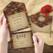 Convite de Casamento Rustic Red Poppies Wood All i
