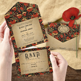 Convite de Casamento Rustic Red Poppies Wood All i