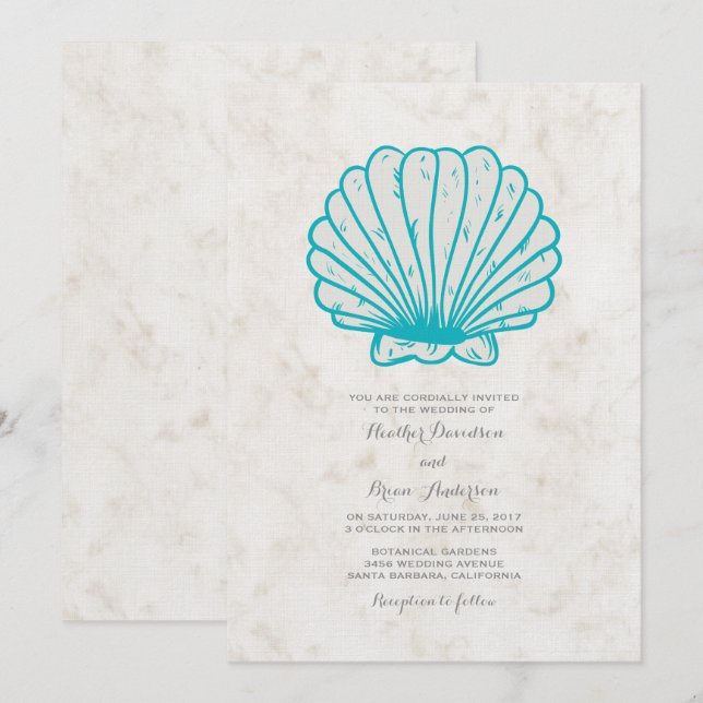 Convite de casamento Rustic Seashell Turquoise (Frente/Verso)