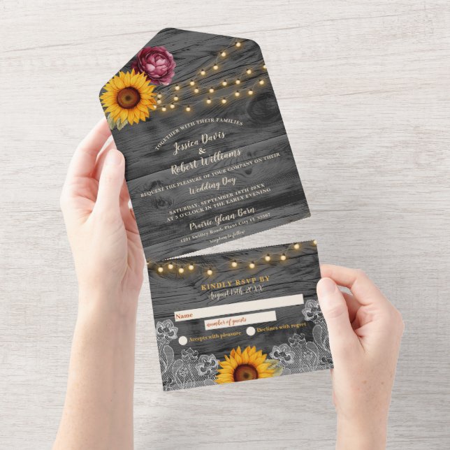 Convite de casamento Rustic Sunflower Lace All-in- (Aba destacável)