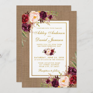 Convite de casamento Rustic Weds Burlap Burgundy