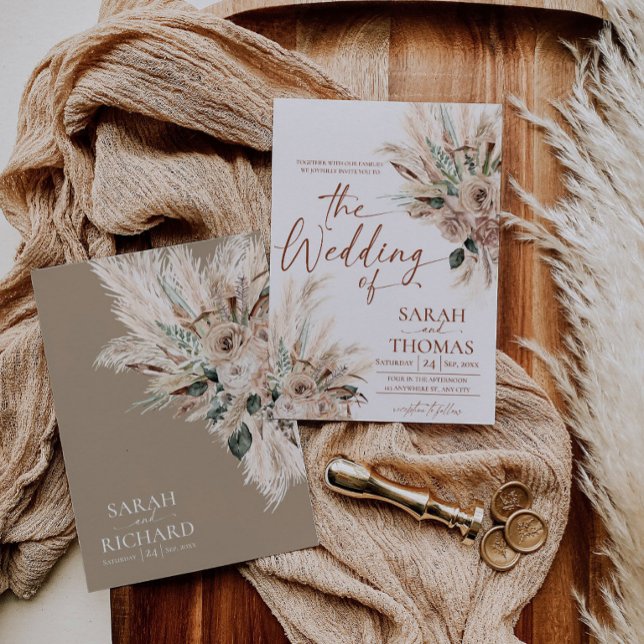 Convite de Casamento Rústico Bege Boho Outono (Desert Fall Wedding Invite Template Printable | Neutral Beige Terracotta Pampas)