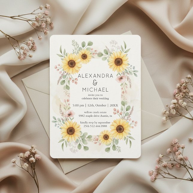 Convite de Casamento Rústico Botânico de Girassol (elegant rustic florals)