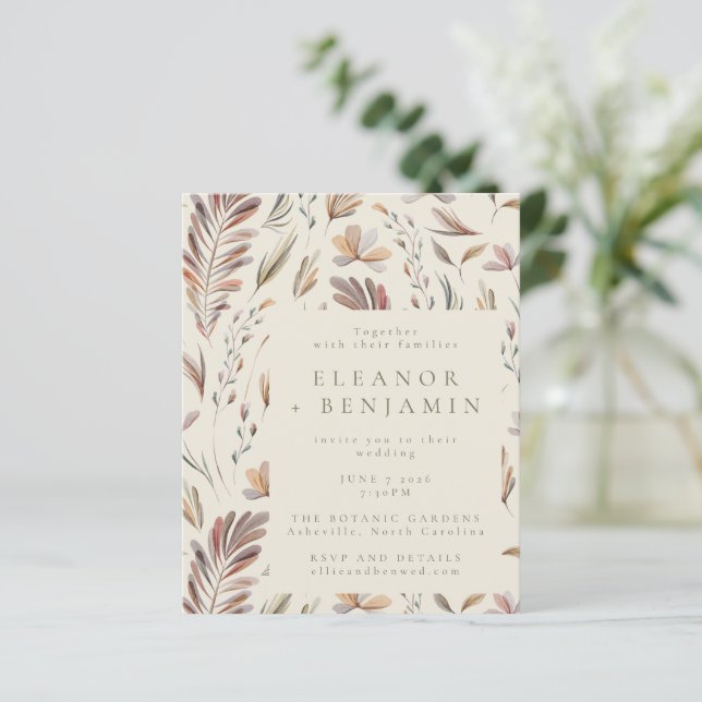 Convite de Casamento Rústico Botânico Tons Terroso (Em pé/Frente)