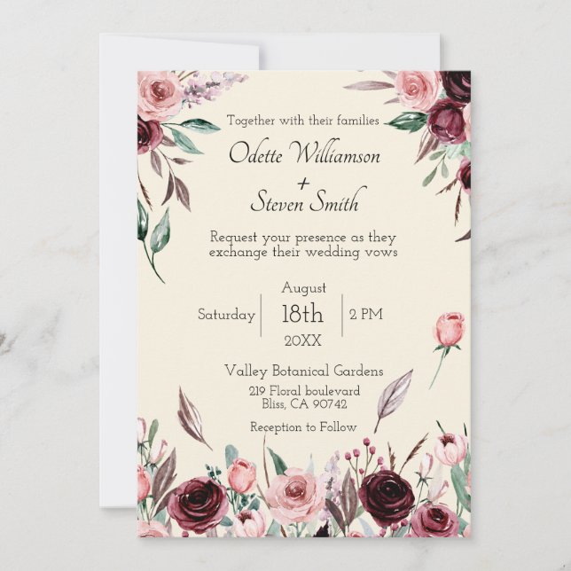 Convite de Casamento Rústico com Flores Creme e Bo (Frente)