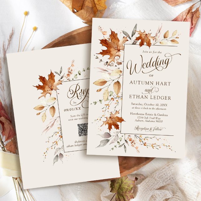 Convite de Casamento Rústico Floral Outono Marfim (Elegant watercolor Autumn leaves modern ivory orange rustic  Fall QR code rsvp wedding invitation)