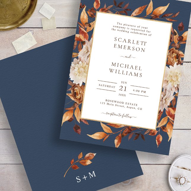 Convite de Casamento Rústico Folhas de Outono (Navy Blue Fall Leaves Rustic Wedding Invitation
)