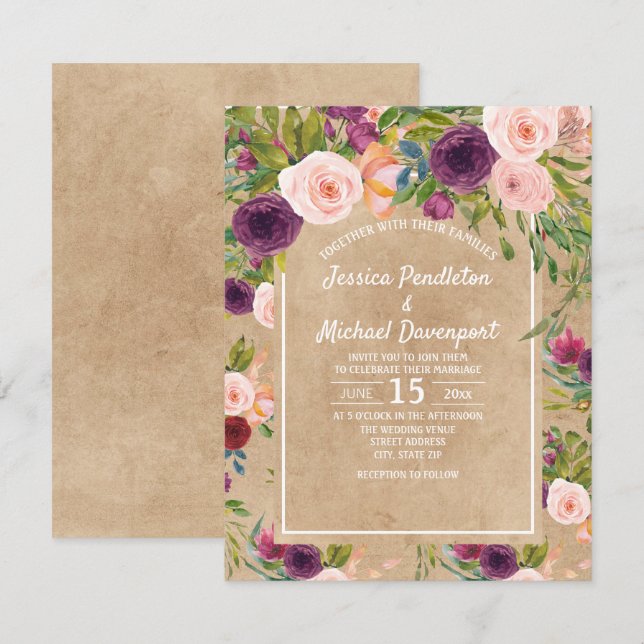 Convite de Casamento Rústico Kraft Boho Plum Bege  (Frente/Verso)