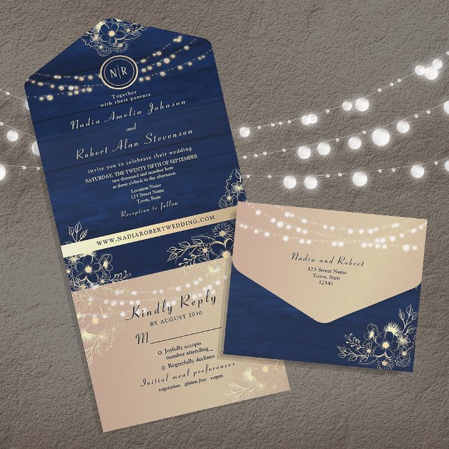 Convite de Casamento Rústico Navy All-in-One (Criador carregado)