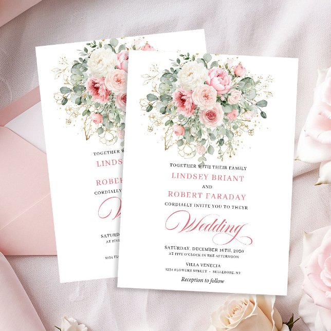 Convite de Casamento Rustico Peônia Verde Dourado (Rustic Blush Peony Greenery Gold Wedding Invitation)