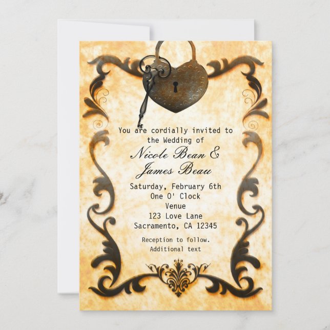 Convite de Casamento Rústico Vintage Heart Lock &  (Frente)