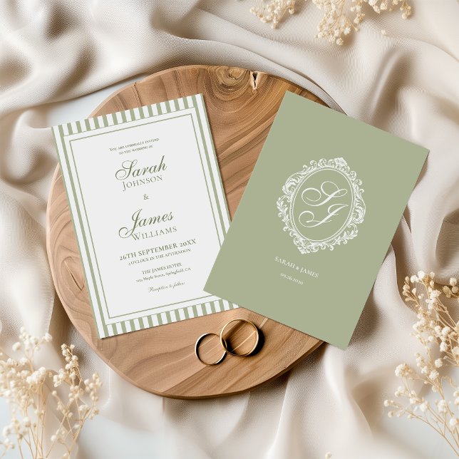Convite de Casamento Sage Green Monogram Old Money (Criador carregado)