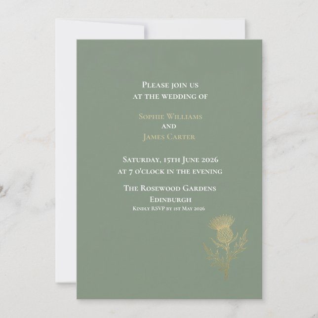 Convite de Casamento Sage Green Thistle Escocês |  (Frente)