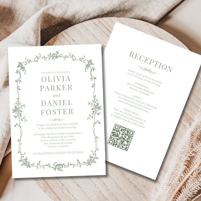 Convite de Casamento Sage Green Victorian QR Code  (Criador carregado)