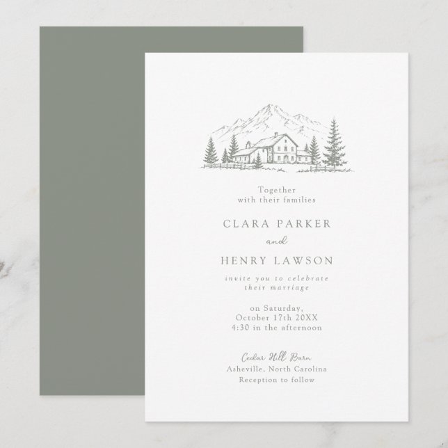 Convite de Casamento Sage Pine Mountain Lodge (Frente/Verso)