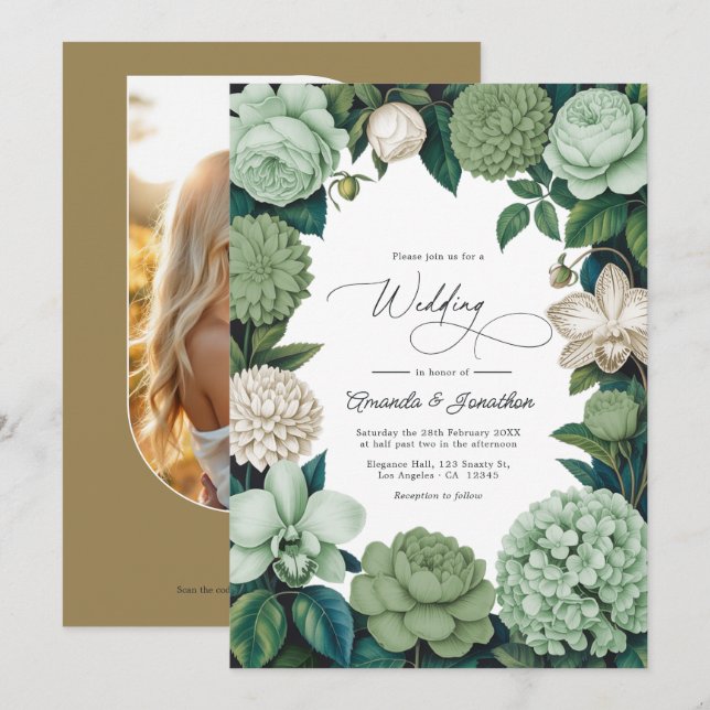 Convite de Casamento Sage Whisper, Linen Ivory & O (Frente/Verso)