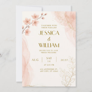 Convite de Casamento Sakura com Glitter em Aquarel