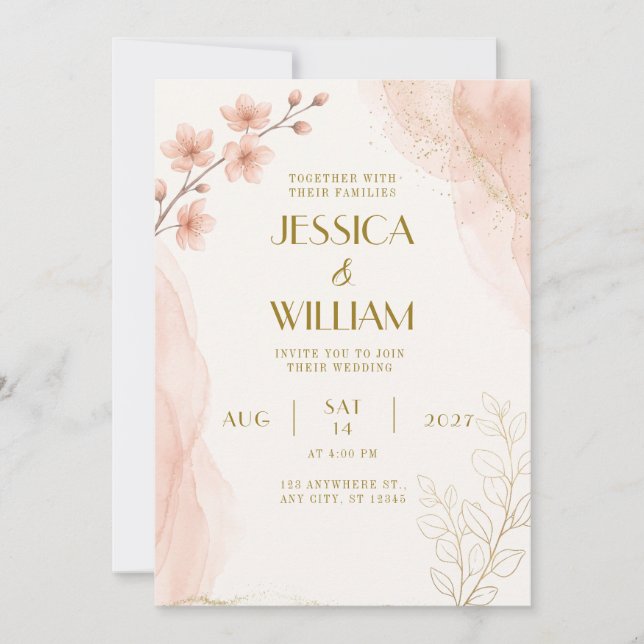 Convite de Casamento Sakura com Glitter em Aquarel (Frente)