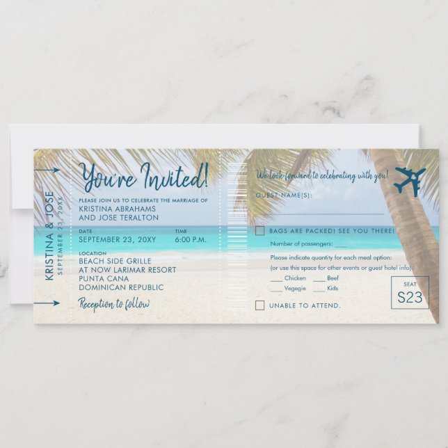 Convite de Casamento Sandy Beach Boarding Pass com (Frente)