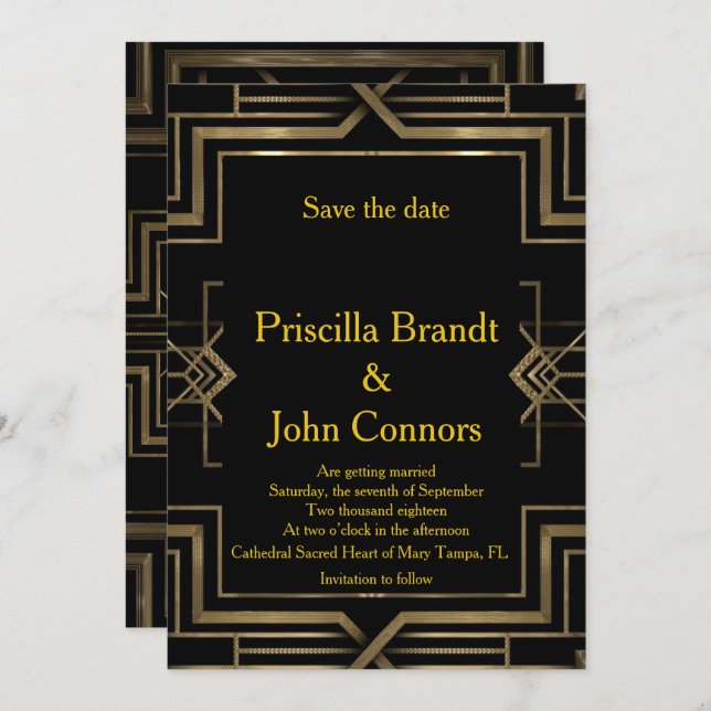Convite de casamento Save the Date, preto e dourad (Frente/Verso)