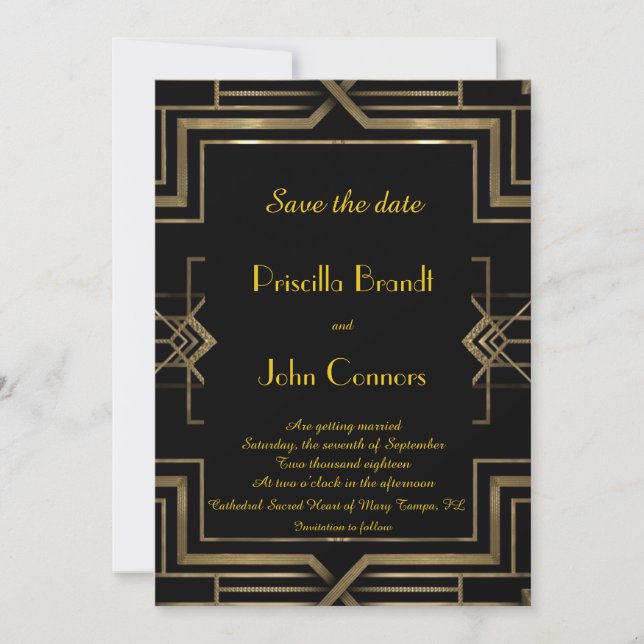 Convite de casamento Save the Date, preto, Gatsby, (Frente)