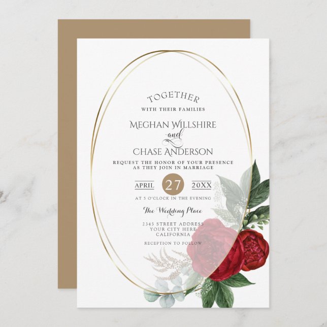 Convite De Casamento | Scarlet Peony Floral Oval (Frente/Verso)