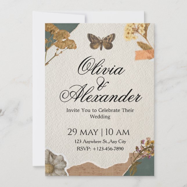 Convite de Casamento Scrapbook de Mariposa Botânic (Frente)