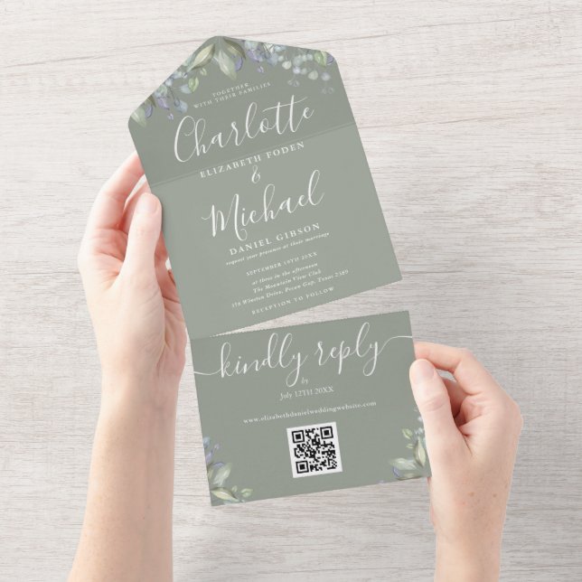 Convite de Casamento Script Floral QR Code Verde S (Aba destacável)