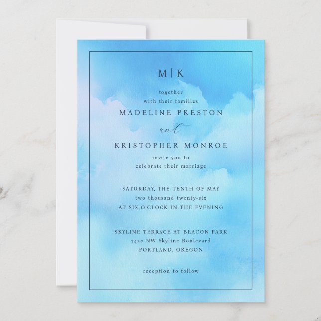 Convite de Casamento Sereno Azul Aquarela (Frente)