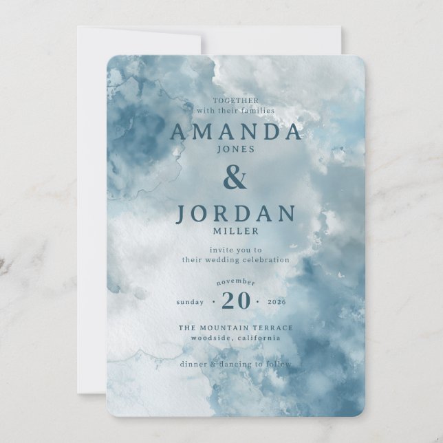 Convite de Casamento Sereno em Aquarela Azul (Frente)