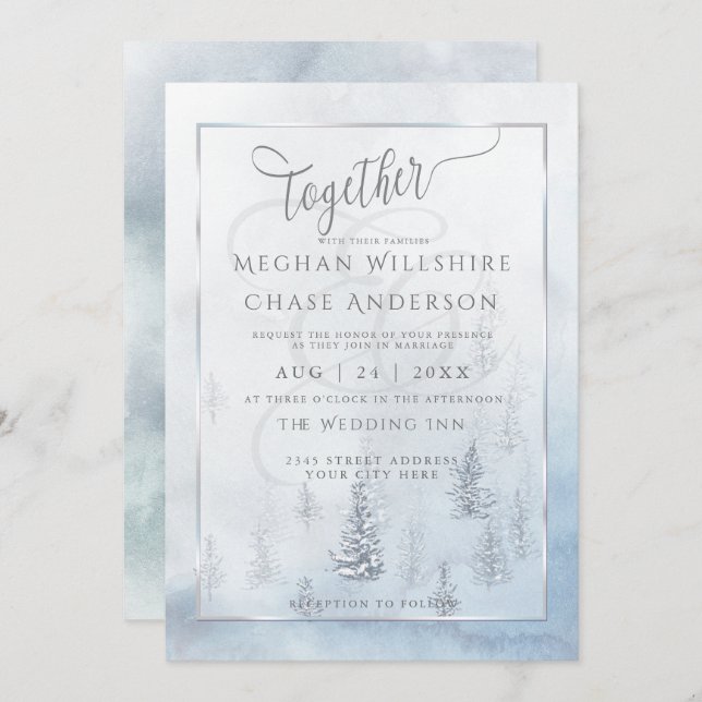 Convite De Casamento | Silver Blue Winter Wonderla (Frente/Verso)