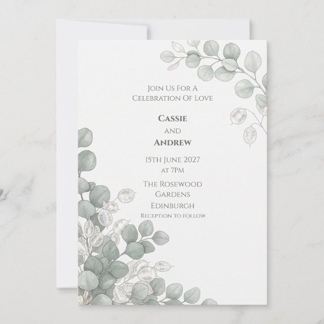 Convite de Casamento Silver Eucalyptus Lunaria (Frente)