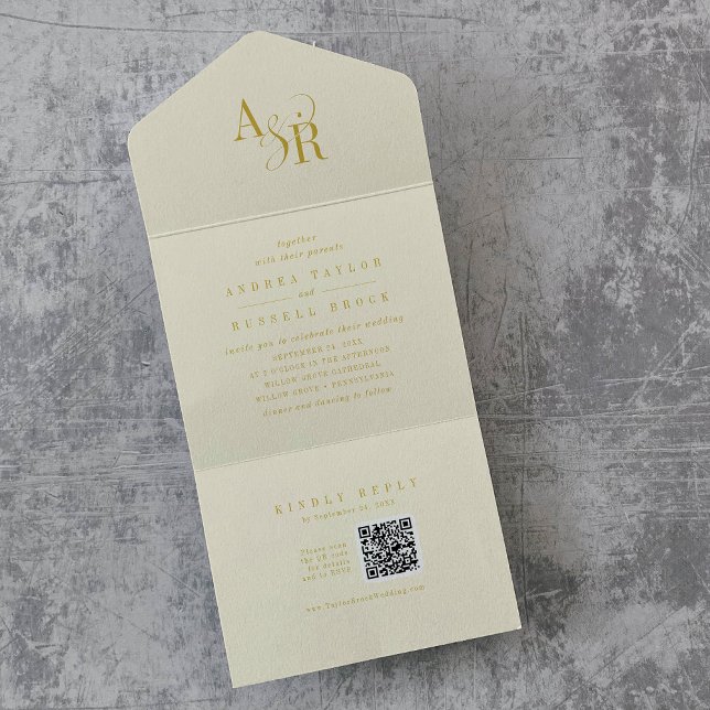 Convite de casamento simples amarelo manteiga com  (ANDREA QR Code Butter Yellow Simple Wedding All In One Invitation)