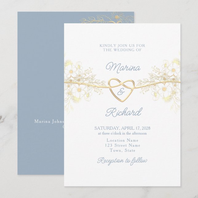 Convite de Casamento Simples Azul Poeirento (Frente/Verso)