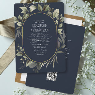 Convite de Casamento Simples Botânico QR Code Azul