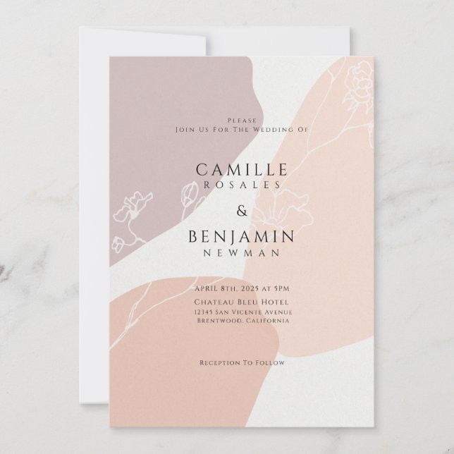 Convite de Casamento Simples Botânico Rosa Bege (Frente)