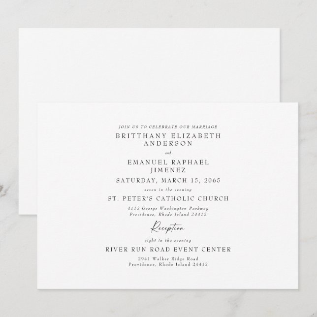 Convite de Casamento Simples Branco Sem Pais Lista (Frente/Verso)