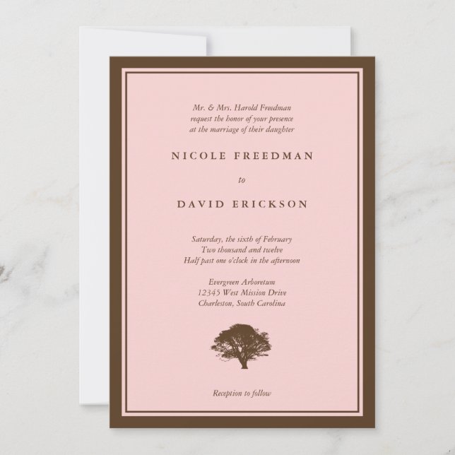 Convite de casamento simples carvalho rosa marrom (Frente)