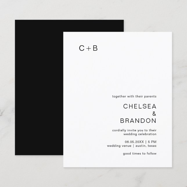 Convite de Casamento Simples com Monograma Preto e (Frente/Verso)