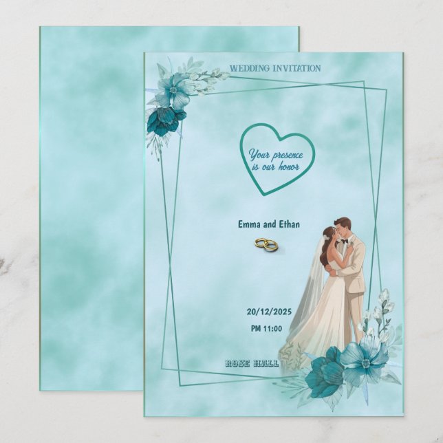 Convite de casamento simples e elegante em Azul Cé (Frente/Verso)